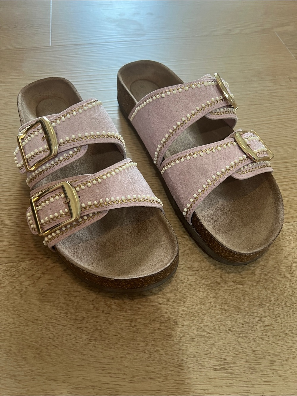 Women's Pink Double-Buckle Slide Sandals with Bead Trim
